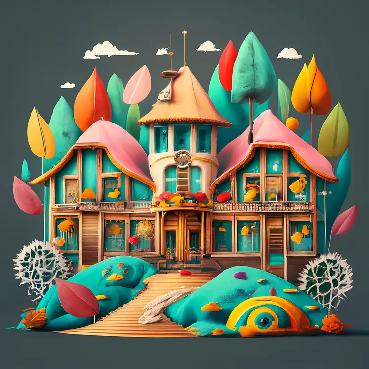 Autumn House with Colorful Leaves
