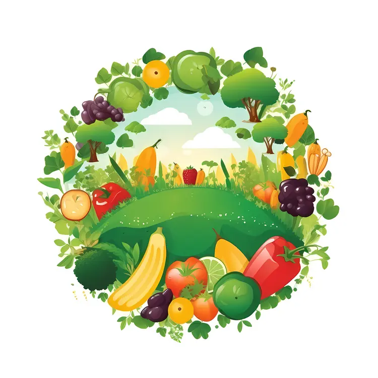 Vibrant Fruits and Vegetables in a Green Landscape