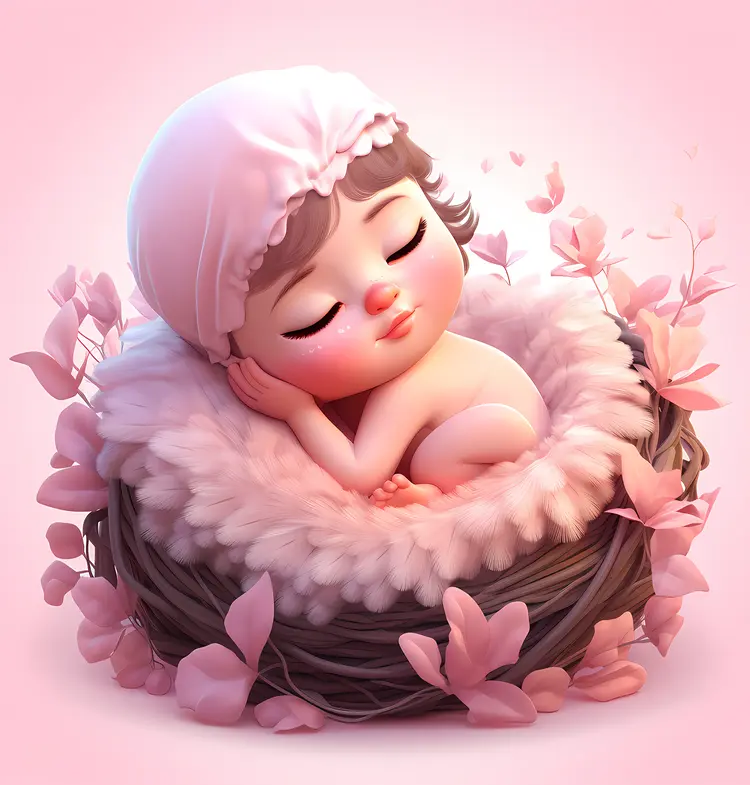 Adorable Sleeping Baby in a Nest with Pink Leaves