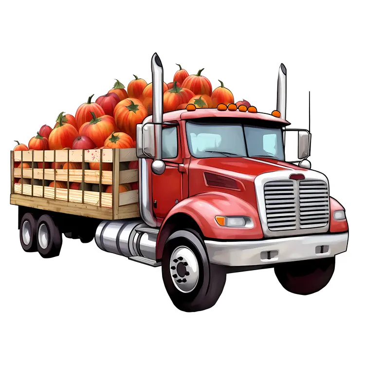 Cartoon Red Truck Carrying Pumpkins