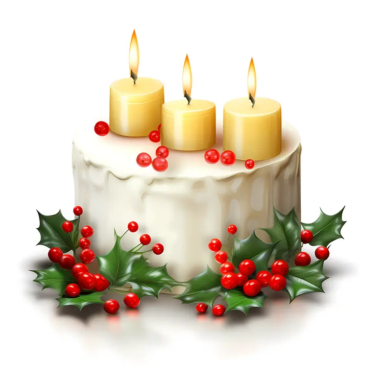 White Cake with Candles and Holly Leaves