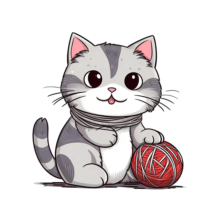 Cute Cartoon Cat with Yarn Ball