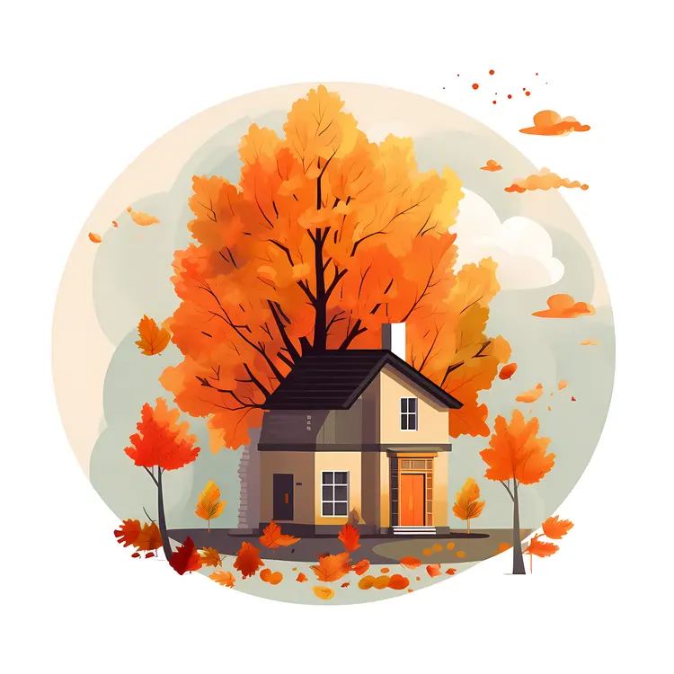 Cute House with Autumn Leaves