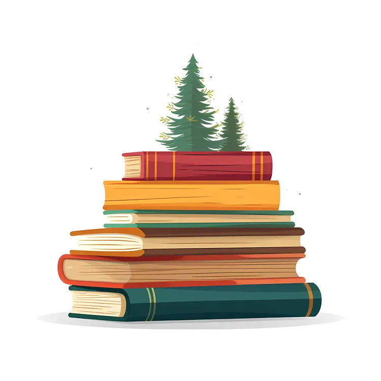 Stack of Books with Pine Trees