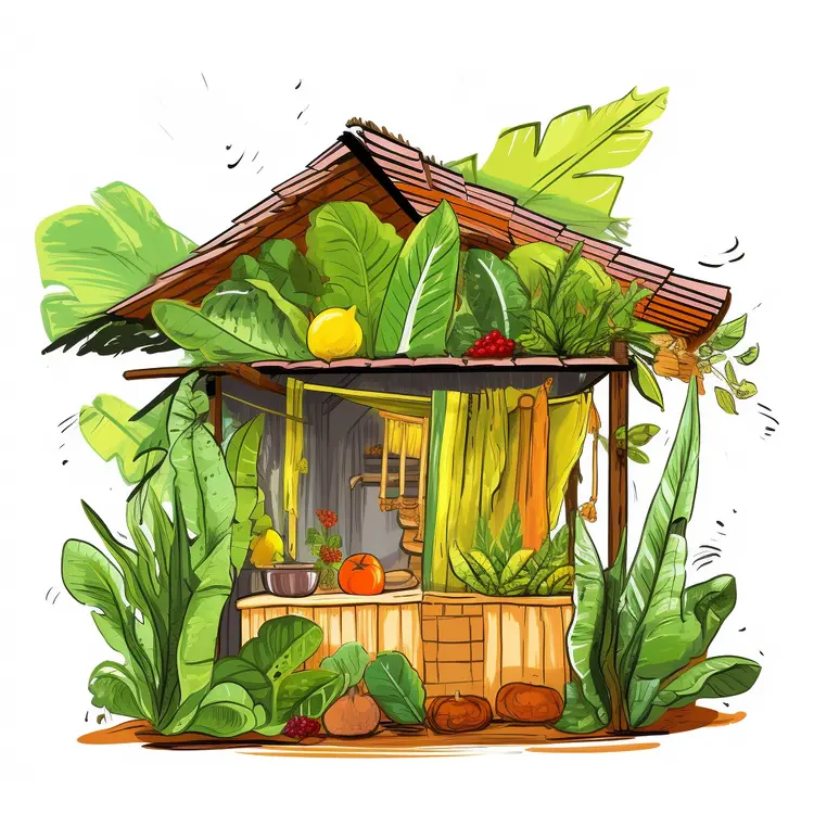 Small Cute Doodle House with Tropical Plants