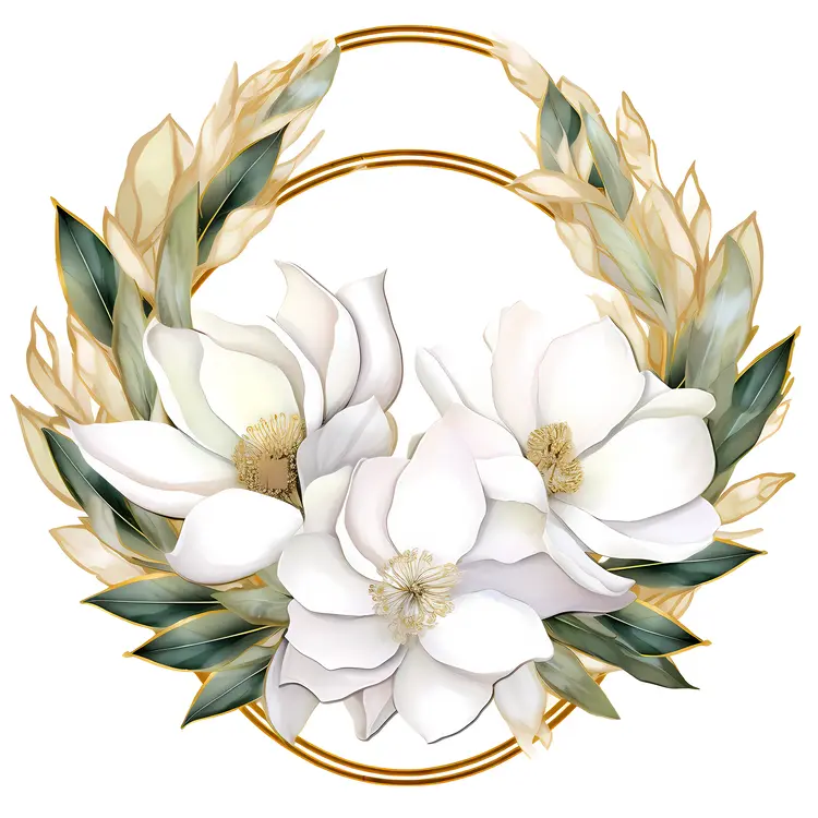 Elegant White Floral Wreath with Green Leaves and Golden Accents