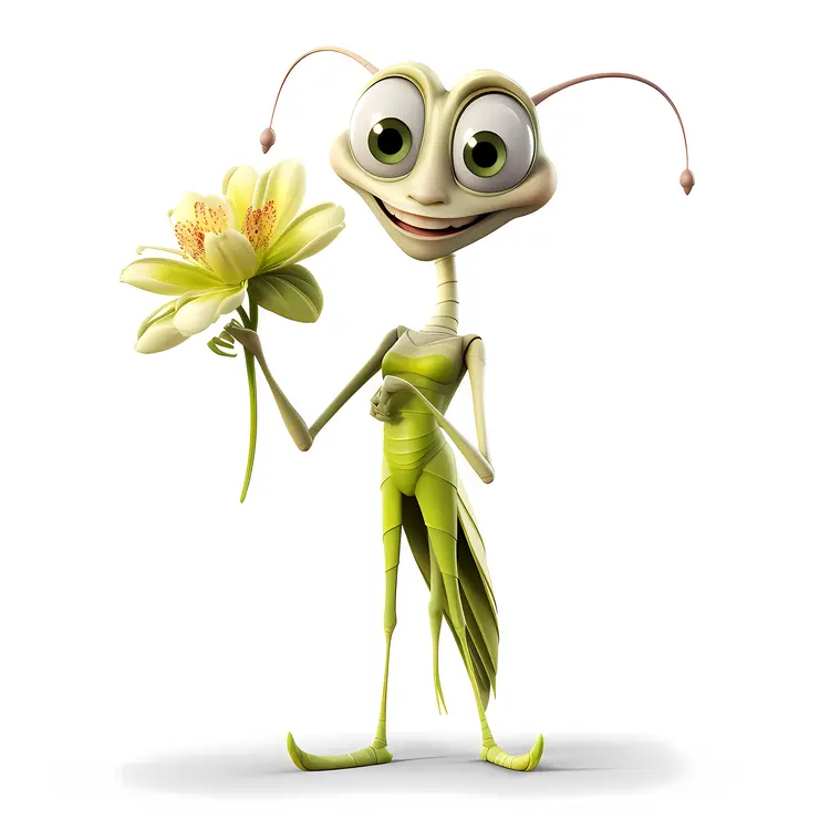 Cartoon Mantis Holding Yellow Flower