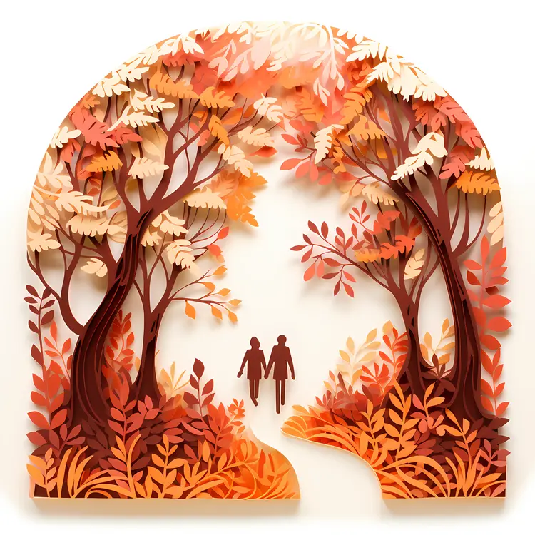 Paper Art Couple Walking in Autumn