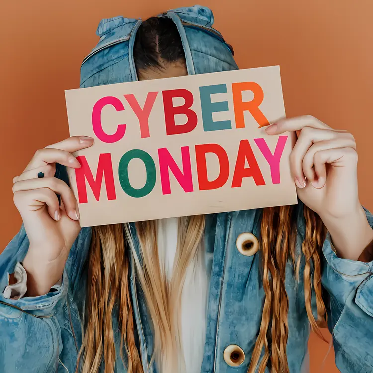 Cyber Monday Sign Held by Person in Denim Jacket