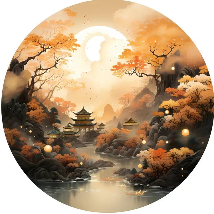 Pagoda in Autumn Forest by the River