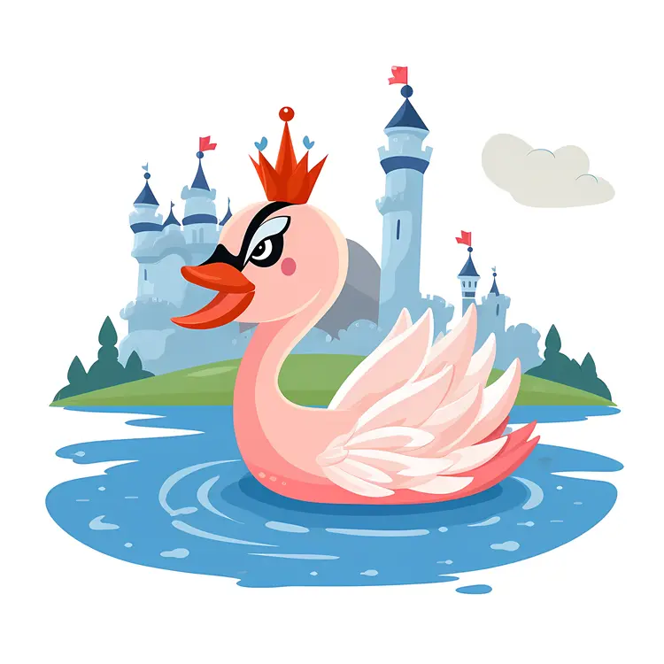 Pink Swan with Crown in Fairy Tale Castle Scene