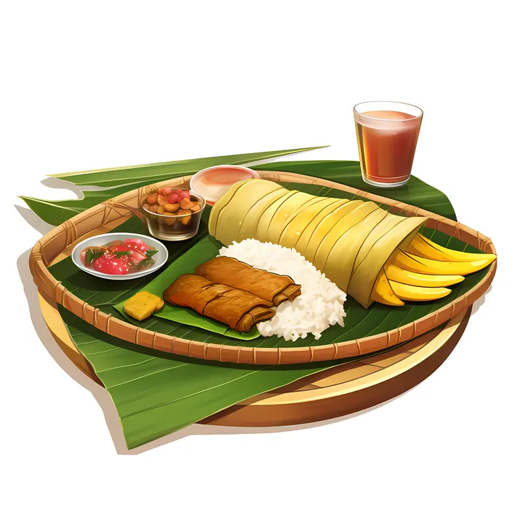 Traditional Banana Leaf Meal with Side Dishes and Beverage