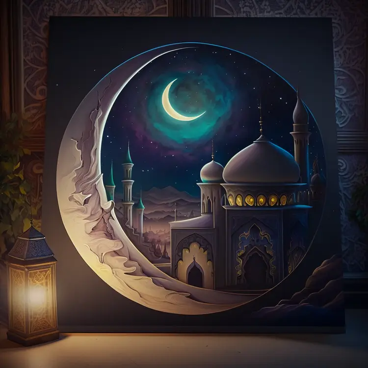 Beautiful Mosque with Crescent Moon and Lantern for Ramadan