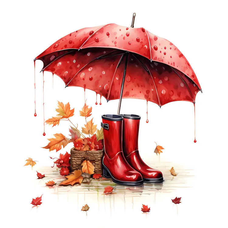 Red Umbrella and Boots with Autumn Leaves