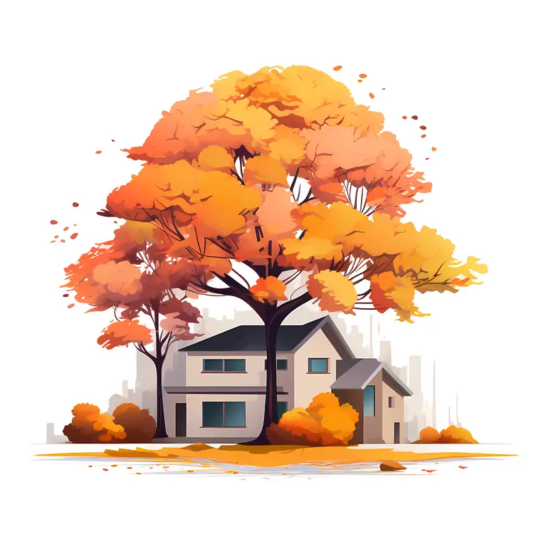 Small house with autumn tree