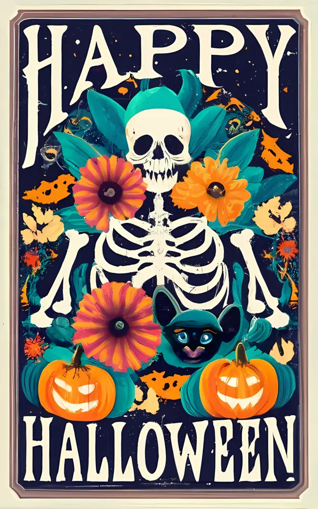 Skeleton with Pumpkins and Flowers