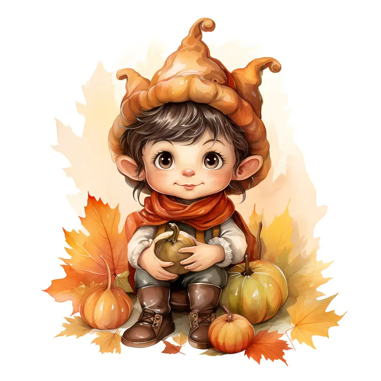 Cute Elf with Pumpkins and Autumn Leaves