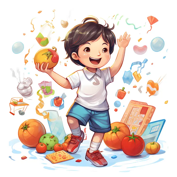 Joyful Boy Playing with Fruits and Toys