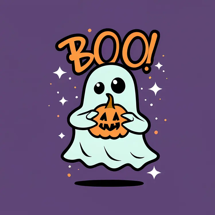 Cute Ghost with Pumpkin Saying Boo