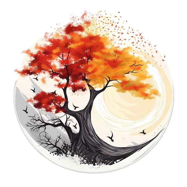 Autumn Tree with Birds and Sun