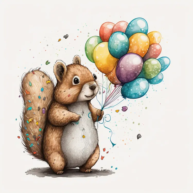 Cute Squirrel Holding Colorful Balloons for a Festive Celebration