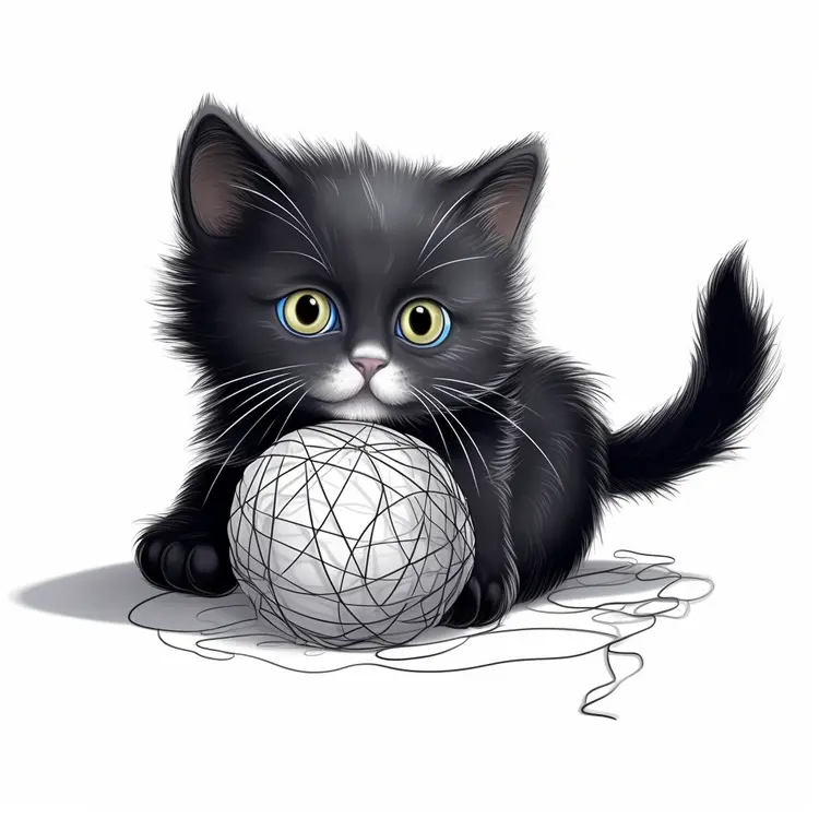 Adorable Black Kitten Playing with Yarn Ball