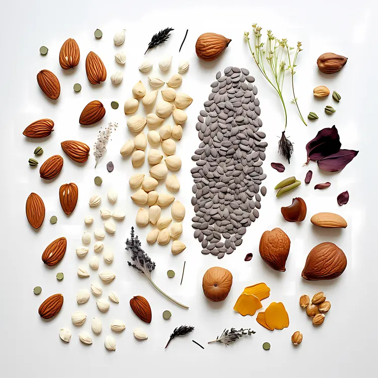 Variety of Nuts and Seeds on White Background