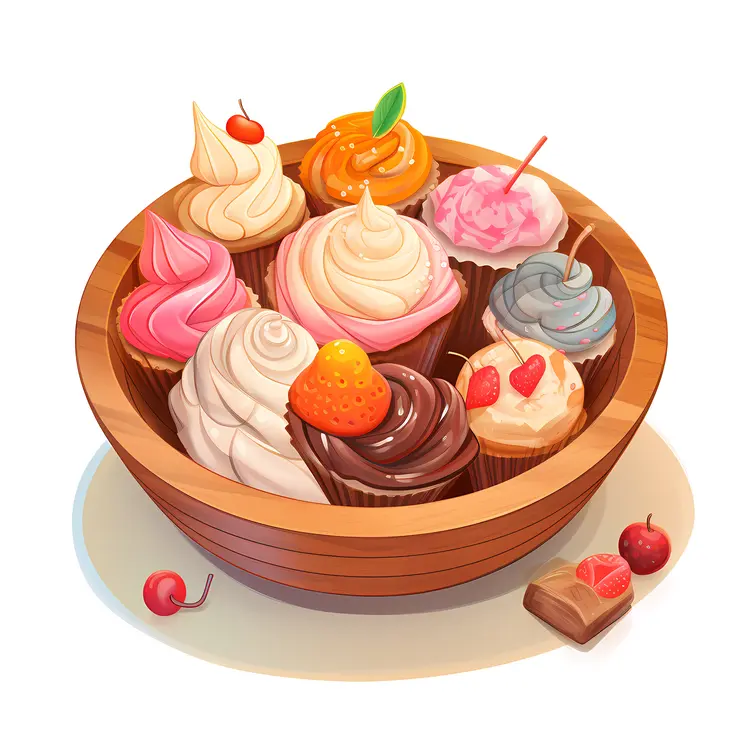 Delicious Colorful Desserts in Wooden Bowl