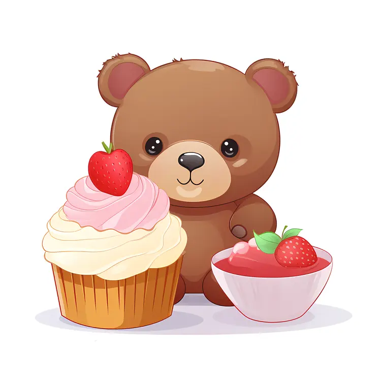 Cute Teddy Bear with Cupcake and Strawberries