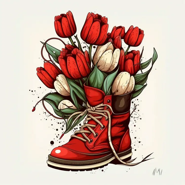 Red Boot with Tulips Illustration