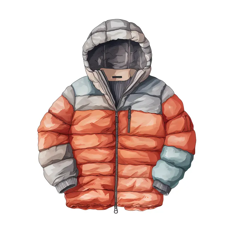 Orange and Gray Puffer Jacket with Hood