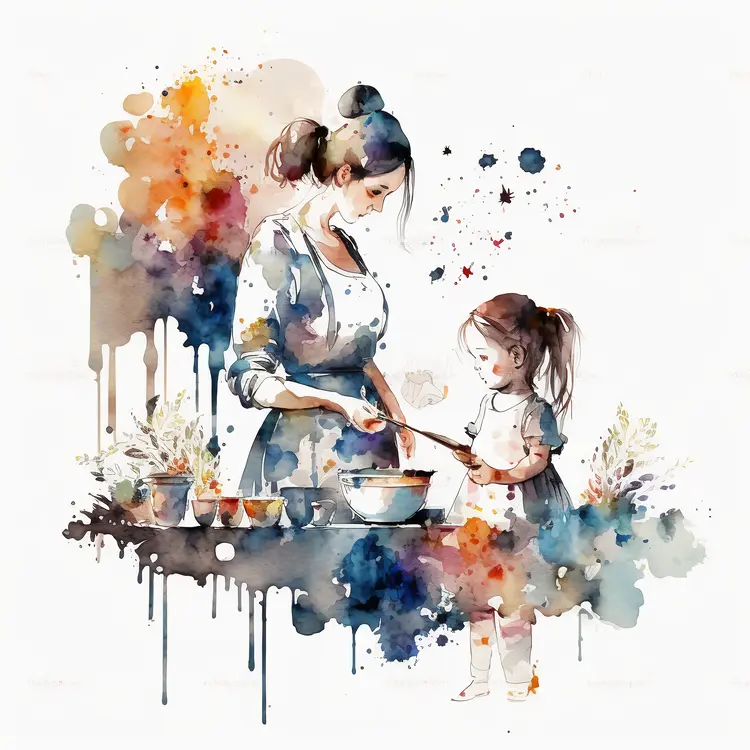 Mother and Child Cooking Together in Watercolor Style
