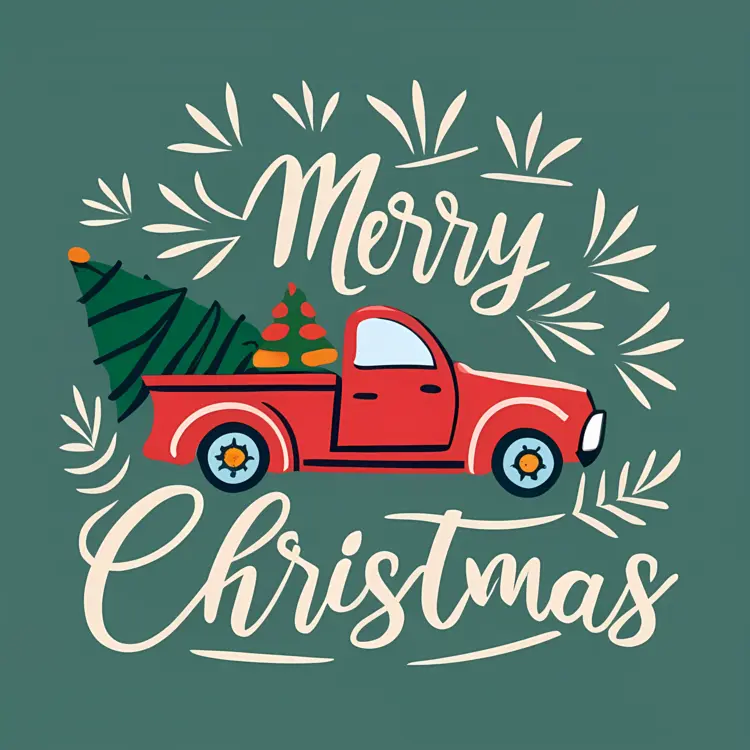 Merry Christmas with Red Truck and Tree