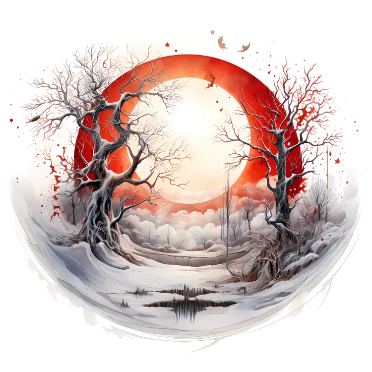 Winter Landscape with Red Sun
