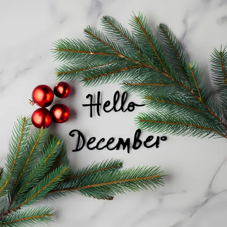 Pine Branches with Ornaments on Marble