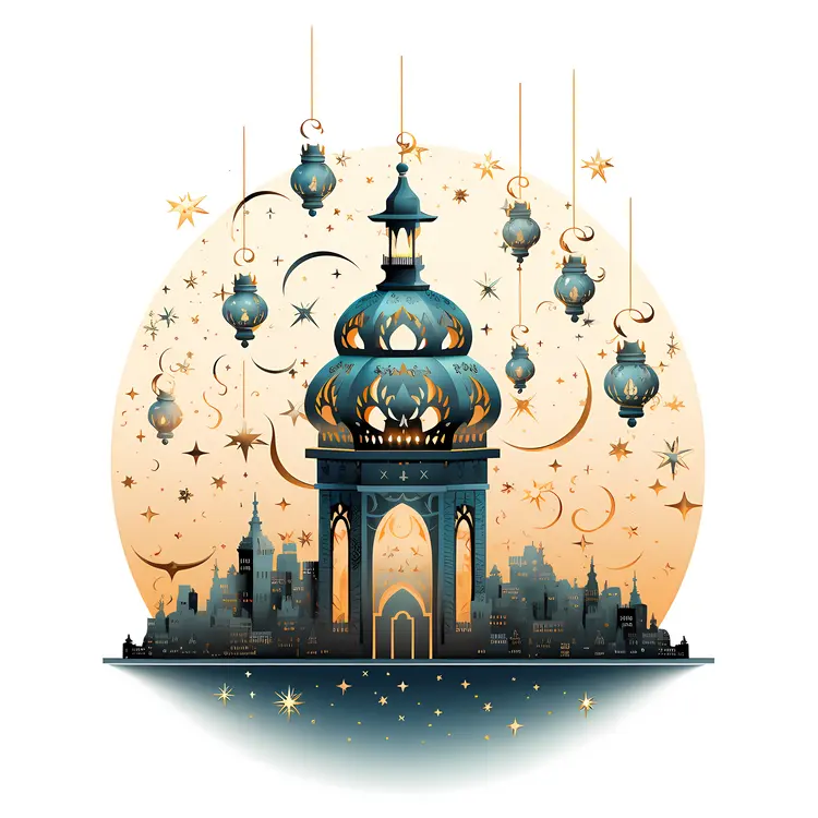 Ornate Lantern with Cityscape and Stars