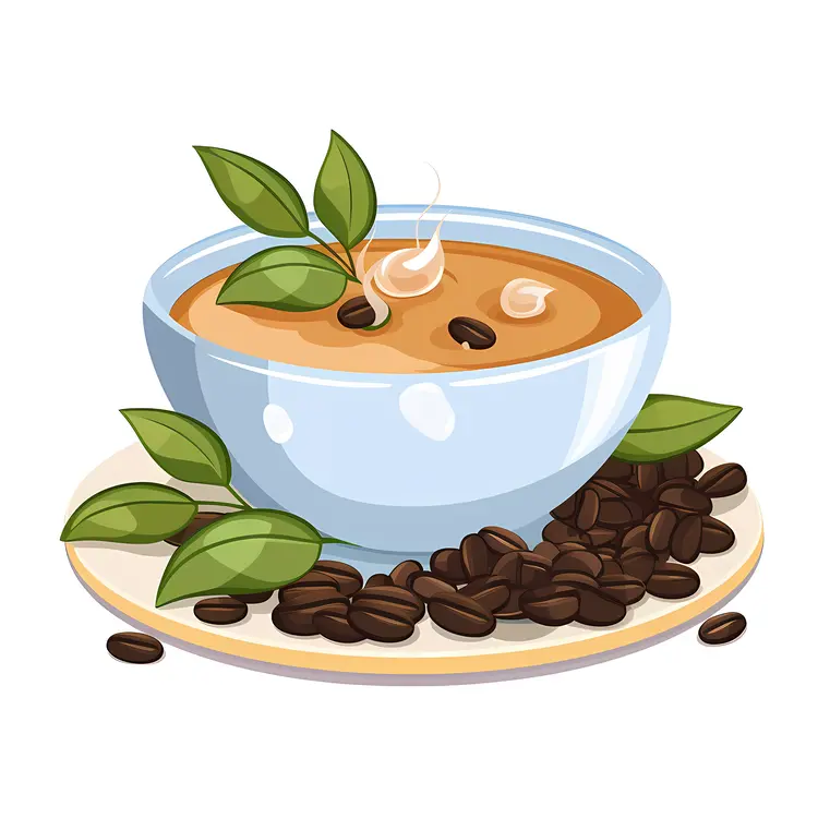 Steaming Coffee Cup with Beans and Leaves