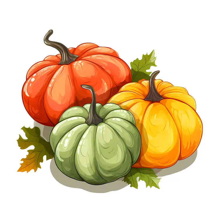 Three Pumpkins with Autumn Leaves