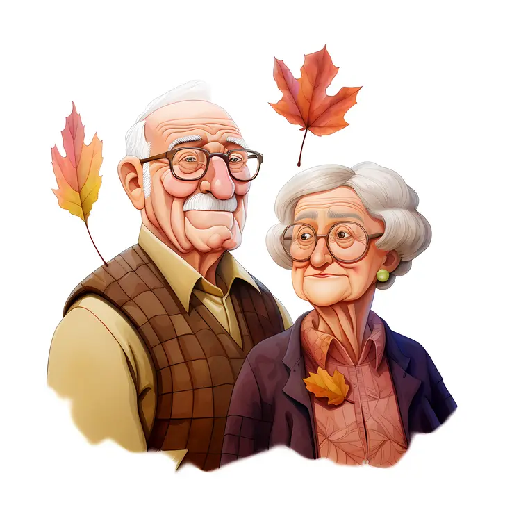 Elderly Couple with Autumn Leaves for Grandparents Day