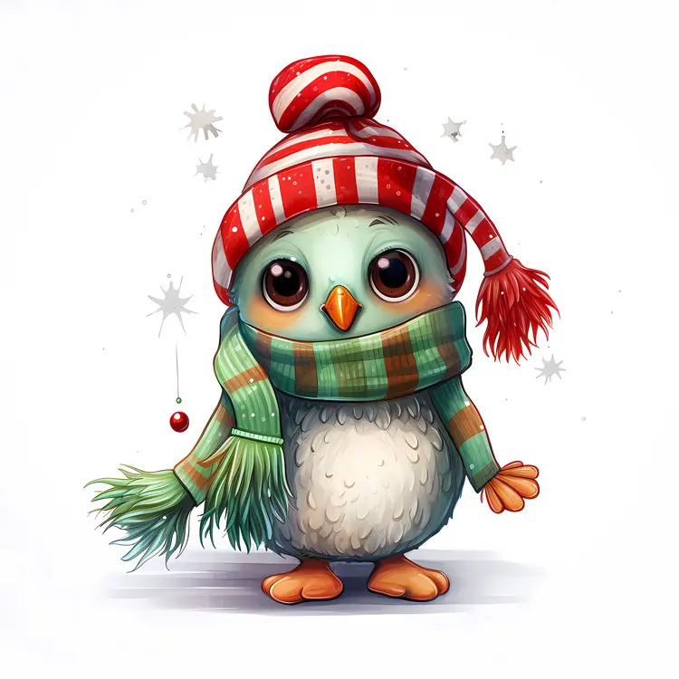 Festive Penguin in Striped Hat and Scarf