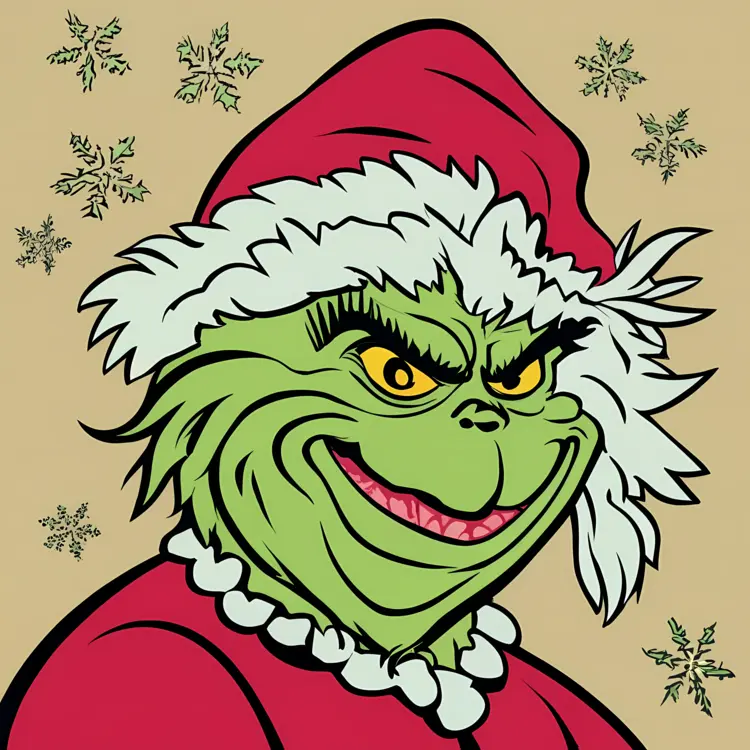 Grinch in Santa Hat with Snowflakes