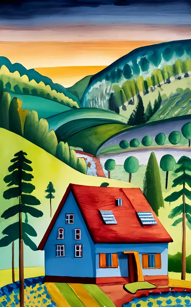 Colorful House in a Vibrant Countryside Landscape
