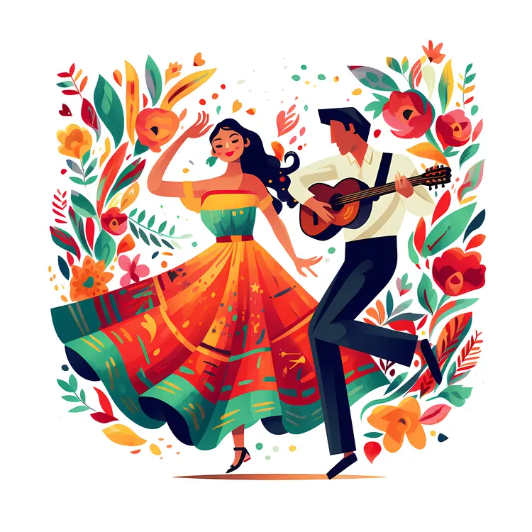 Colorful dancers with guitar and flowers