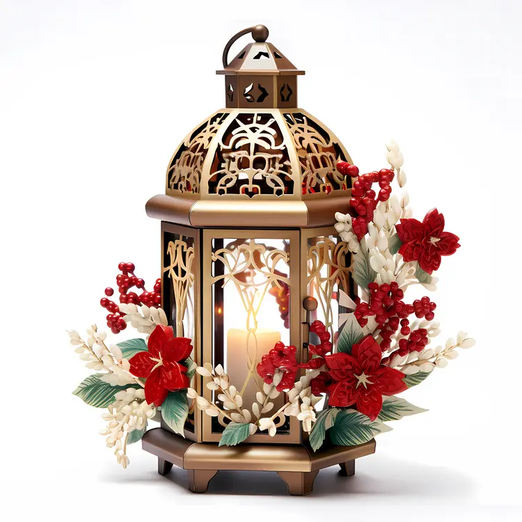 Golden Lantern with Red Flowers and Berries