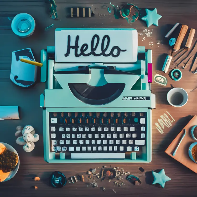 Typewriter with Hello Sign on Desk