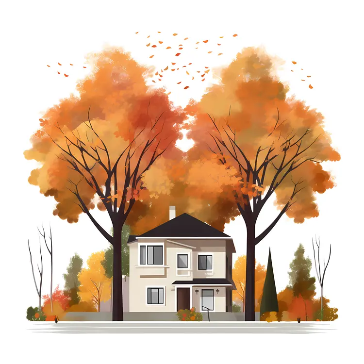 Small cute doodle house with autumn trees