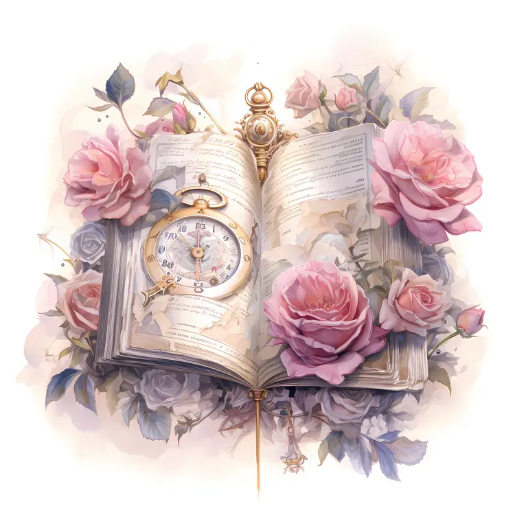Vintage Book with Roses and Pocket Watch