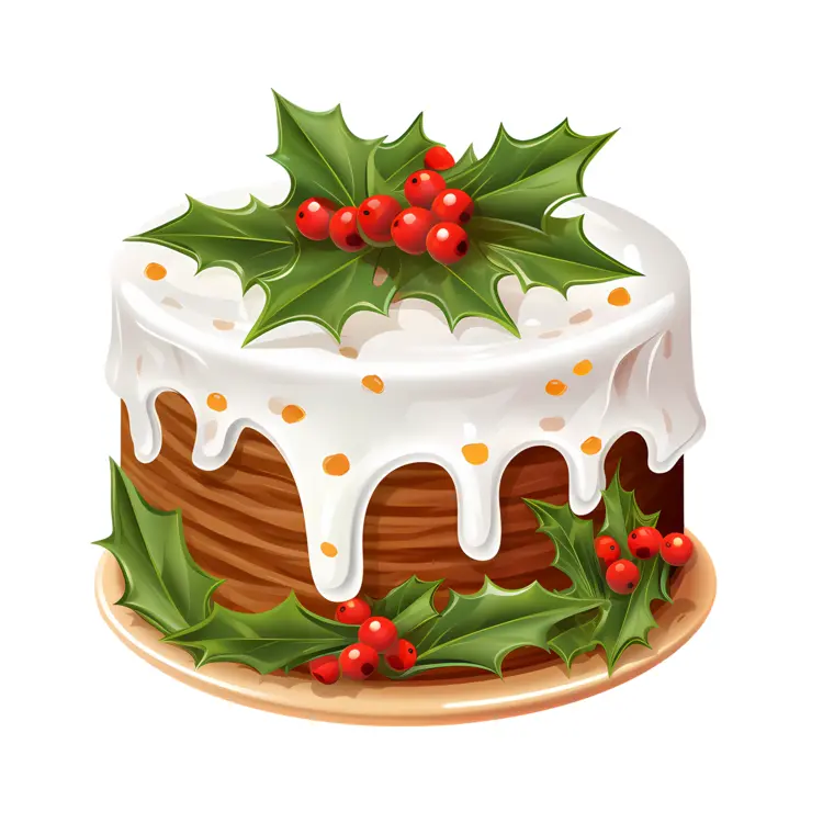 Christmas Cake with Holly Leaves and Red Berries