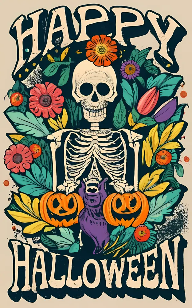 Happy Halloween with Skeleton and Pumpkins