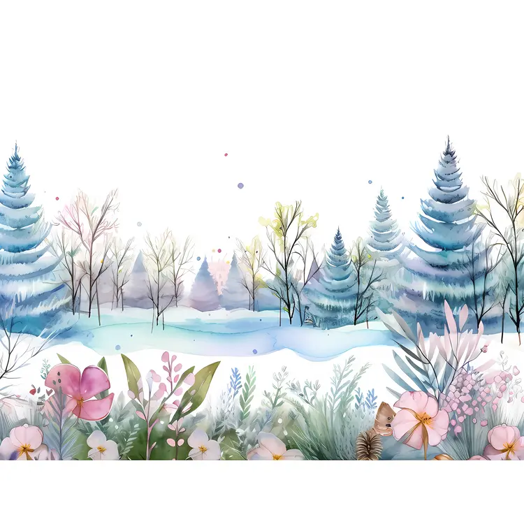 Winter Forest with Colorful Trees Watercolor Art